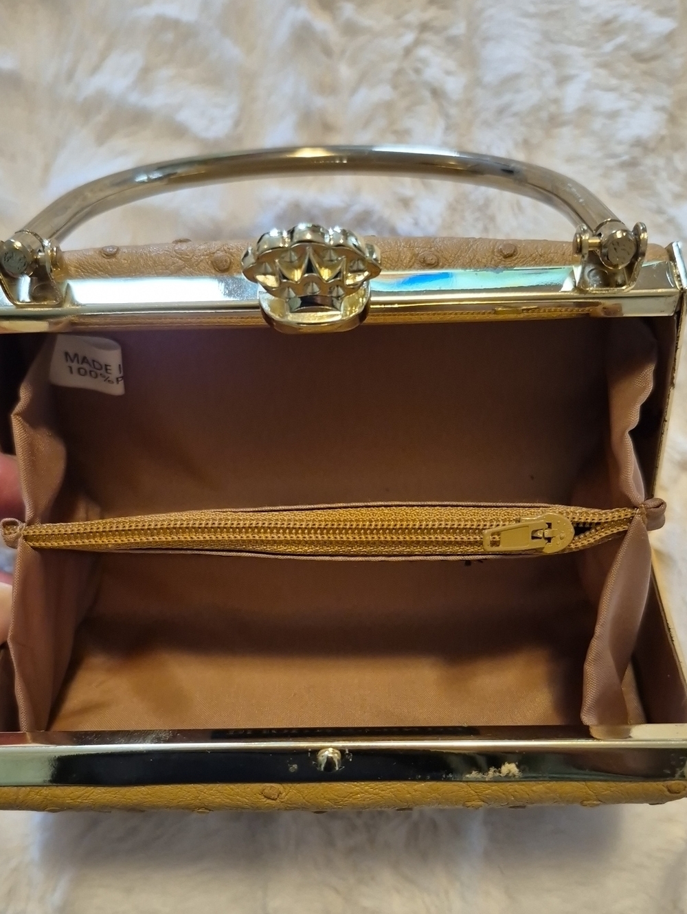 Bijoux Terner Mini Purse, Brown Faux Ostrich Top Handle Structured Evening Bag - Picture 8 of 10